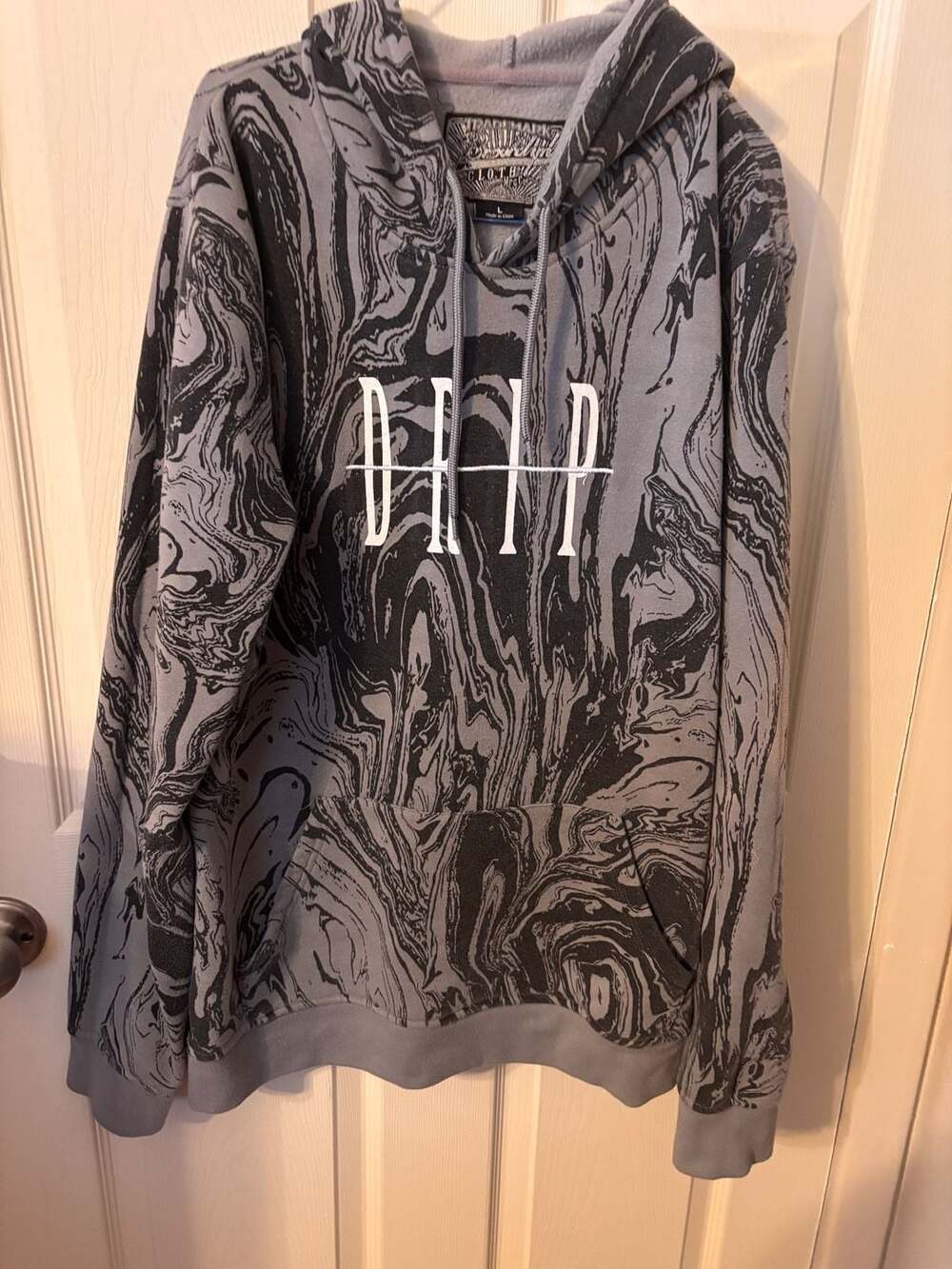 Brooklyn Cloth Drip Marble Print Pullover Hoodie Gray Black Men's Size L
